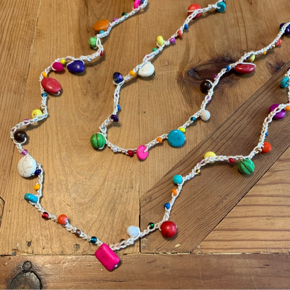 Extra Long Crocheted Colorful Necklace Magnesite Crystal Seed Bead Cream